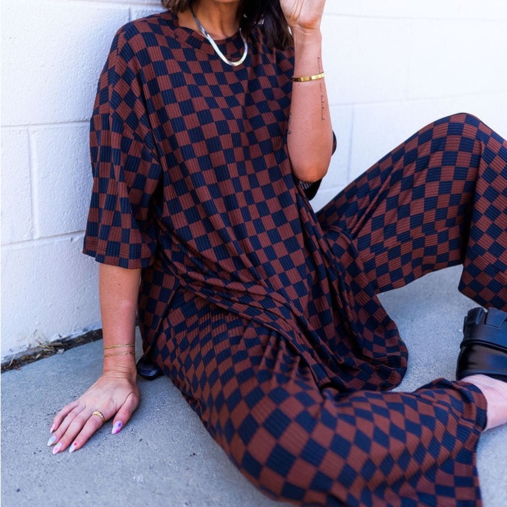 LALA ORIGINAL: Lex Ribbed Checkerboard Playsuit in Black + Mocha